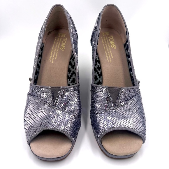 Toms Peep Toe Sequin Wedge Sz 5 - Picture 3 of 5